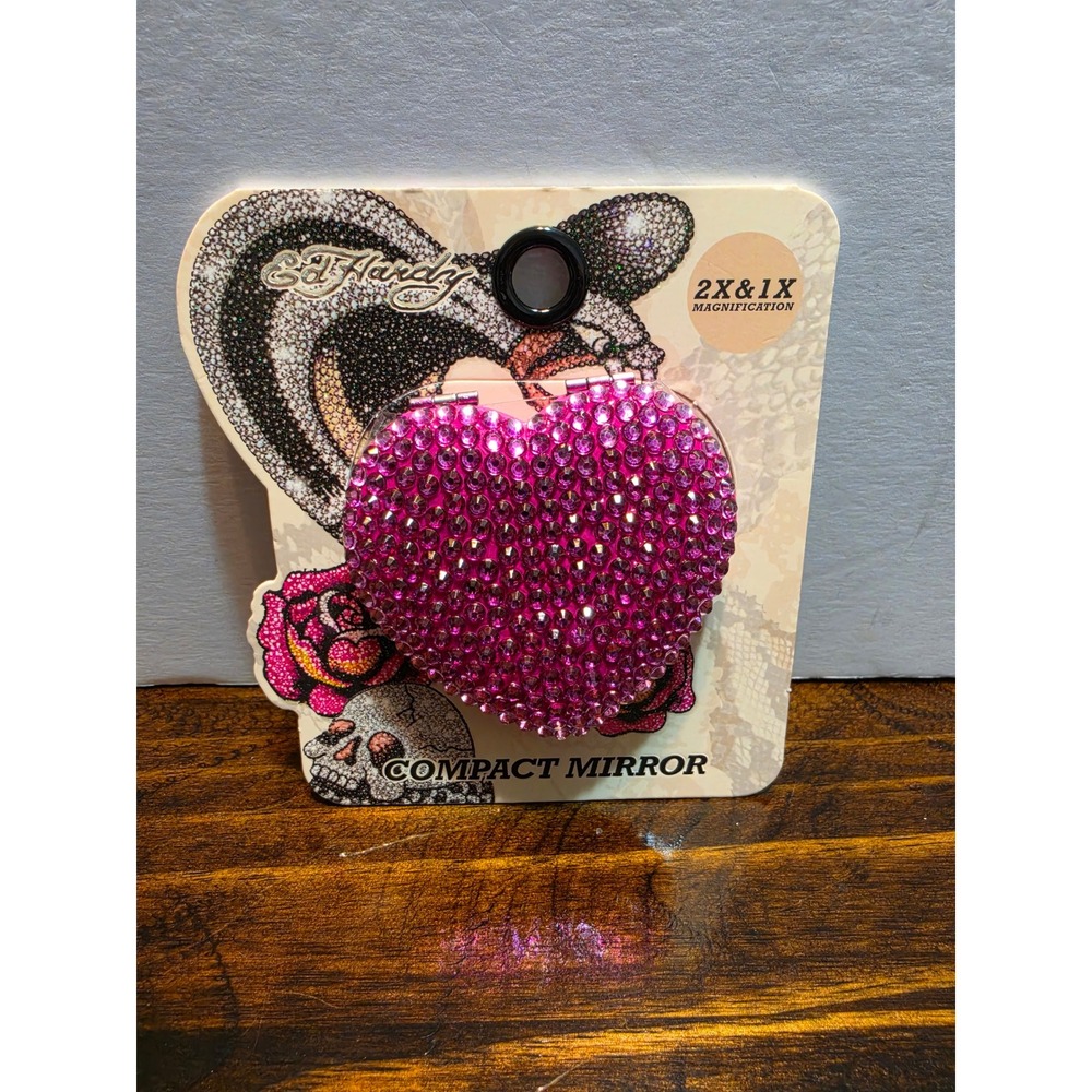 Ed Hardy Pink Rhinestone Heart Compact Mirror 2X 1X Magnification KB3826127 NEW